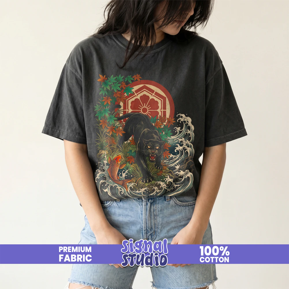 Japanese Panther & Koi Fish Tee - Ukiyo-e Tattoo Graphic T-Shirt