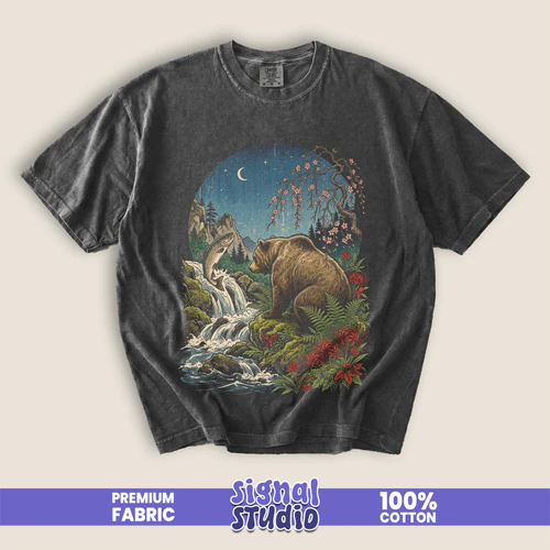 Japanese Bear & Salmon Tee - Ukiyo-e Landscape Graphic T-Shirt