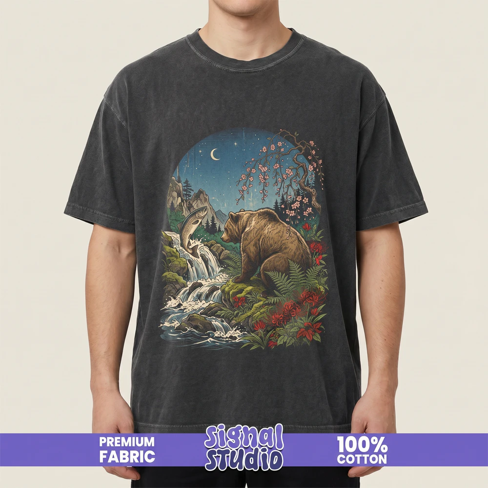 Japanese Bear & Salmon Tee - Ukiyo-e Landscape Graphic T-Shirt