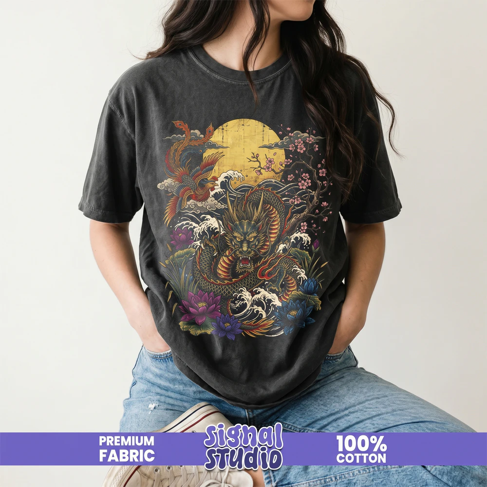 Japanese Dragon & Phoenix Tee - Ukiyo-e Folklore Tattoo Graphic T-Shirt