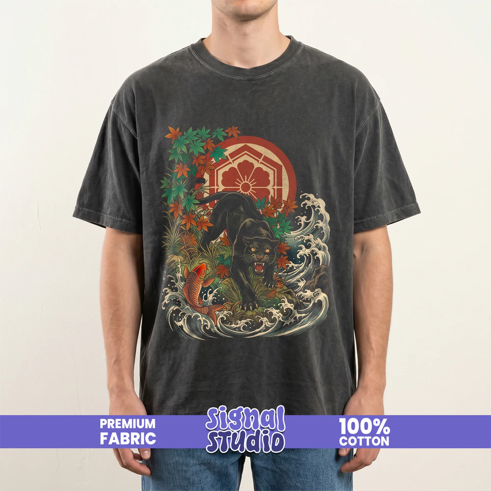 Japanese Panther & Koi Fish Tee - Ukiyo-e Tattoo Graphic T-Shirt