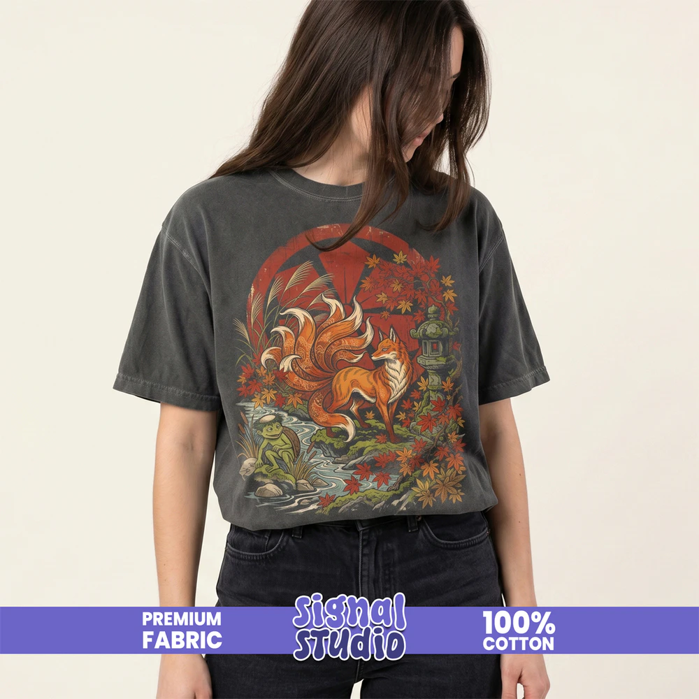 Autumn Fox Illustration T-shirt | Falling Leaves Woodland Art Tee