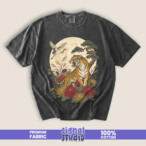 Japanese Tiger & Crane Tee - Ukiyo-e Tattoo Wildlife Graphic T-Shirt
