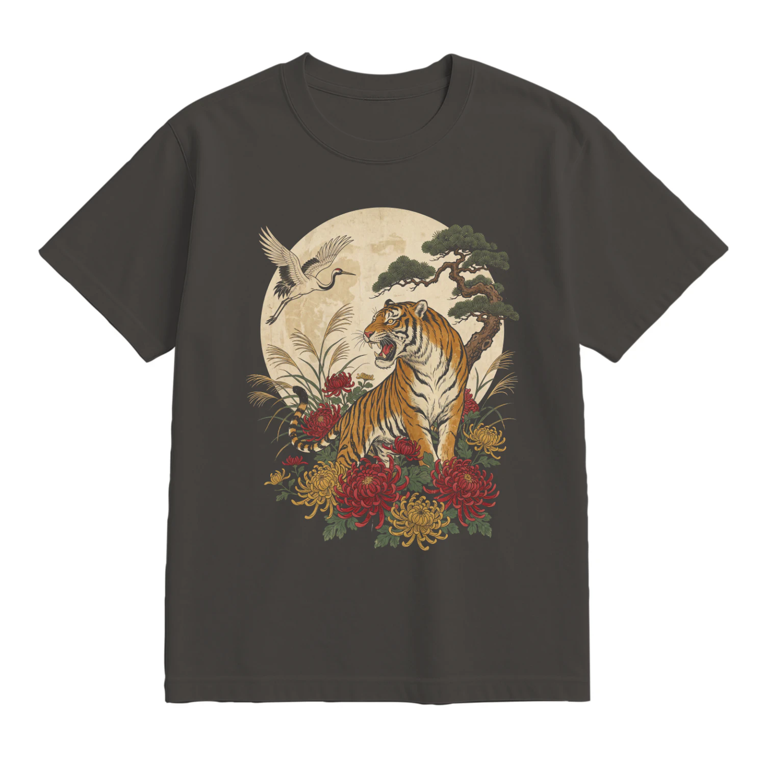 Japanese Tiger & Crane Tee - Ukiyo-e Tattoo Wildlife Graphic T-Shirt