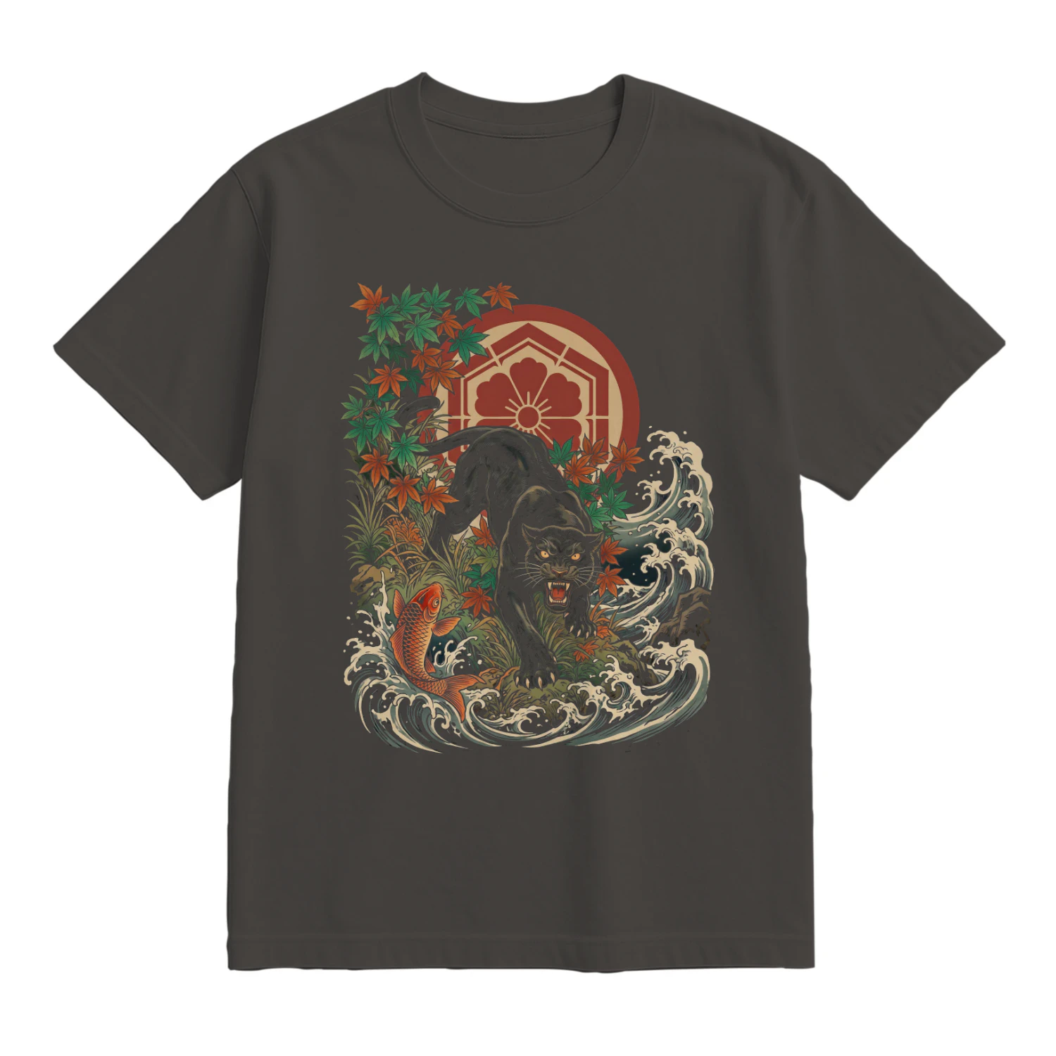 Japanese Panther & Koi Fish Tee - Ukiyo-e Tattoo Graphic T-Shirt