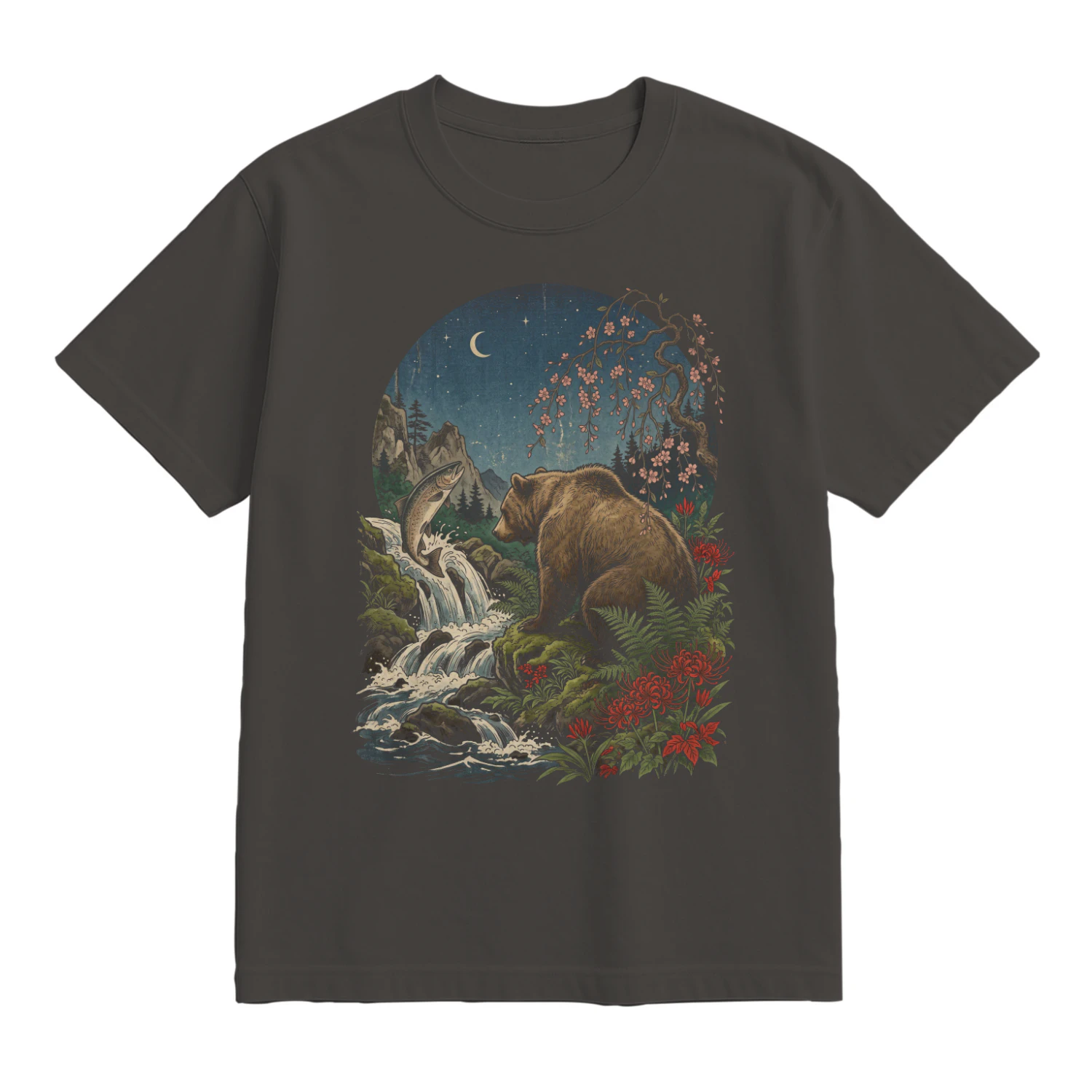 Japanese Bear & Salmon Tee - Ukiyo-e Landscape Graphic T-Shirt