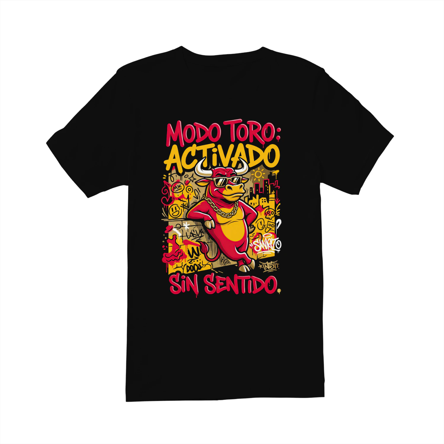 Camiseta Urbana Streetwear MODO TORO ACTIVADO | Camiseta Estilo Graffiti Y2K Ilustración Toro con Gafas