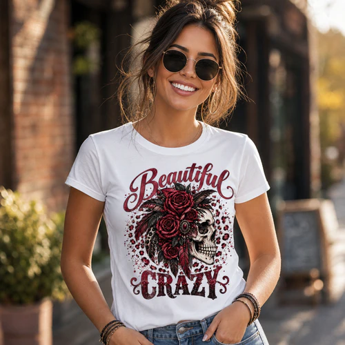 Beautiful Crazy Skull Roses T-Shirt, Gothic Boho Women's Graphic Tee, Casual Crew Neck Short Sleeve Halloween Shirt