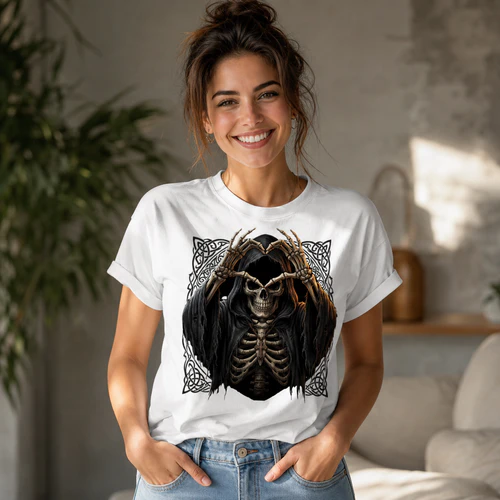 Grim Reaper Skull Heart Hands T-Shirt, Gothic Punk V-Neck Women's Graphic Tee, Dark Halloween Casual Short Sleeve Top