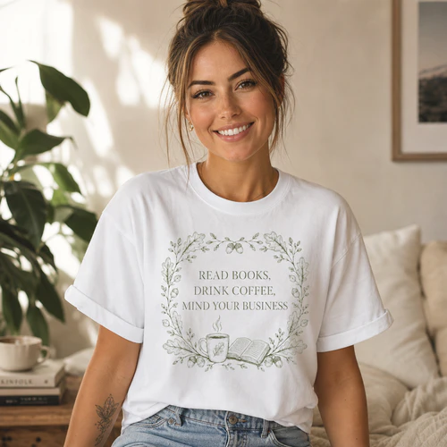 cozy book lover t shirt reading coffee botanical graphic tee