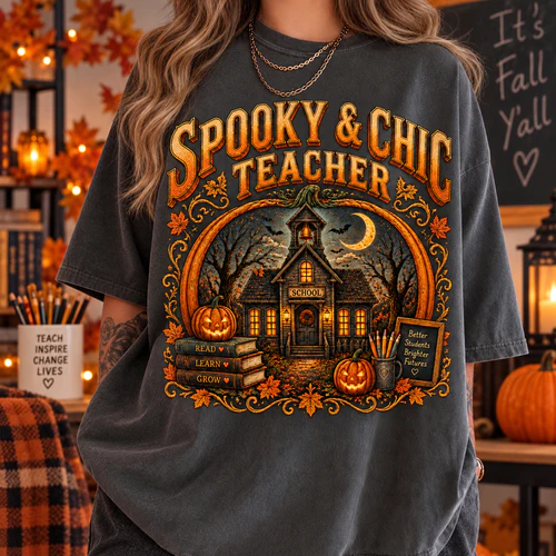 Spooky & Chic Teacher Retro T-Shirt with Fall Schoolhouse Design