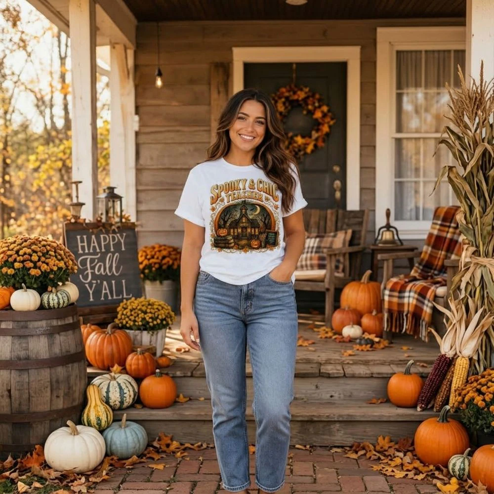Spooky & Chic Teacher Retro T-Shirt with Fall Schoolhouse Design