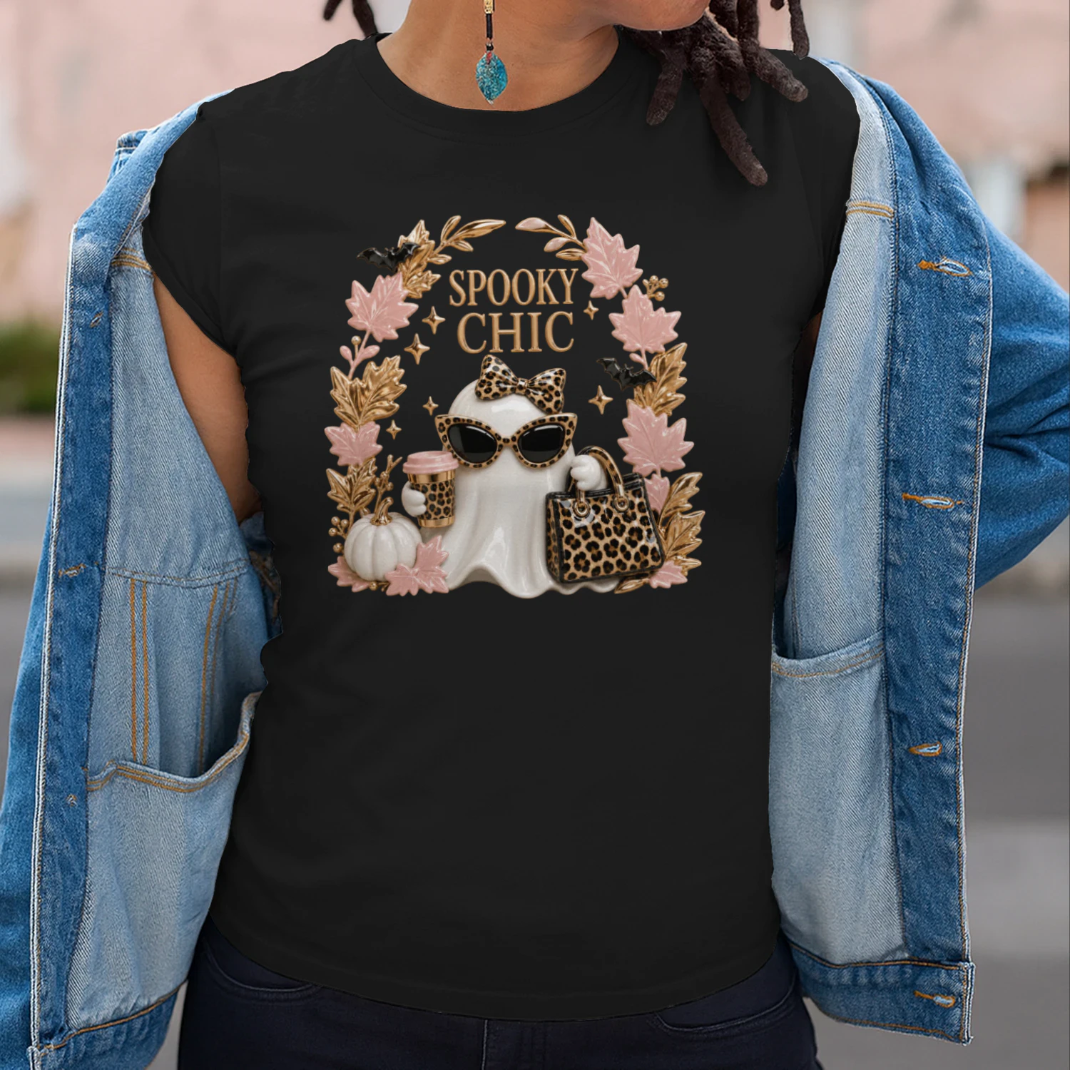 Spooky Chic Ghost Shirt, Leopard Print Halloween T-Shirt, Cute Fall Shirt for Women, Glam Ghost Tee, Spooky Season Gift for Her