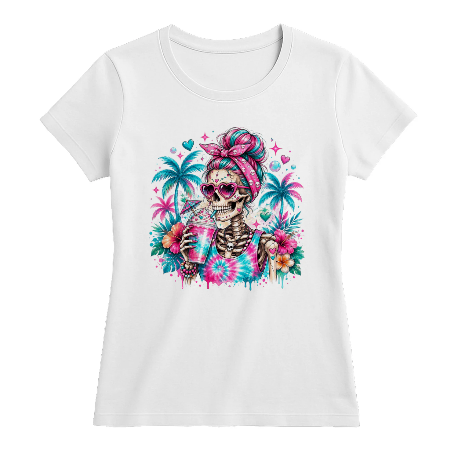 Skeleton Summer Vibes T-Shirt, Tropical Palm Tree Skull Tee, Funny Halloween Shirt for Women, Messy Bun Skeleton Graphic Top, Beach Halloween Gift