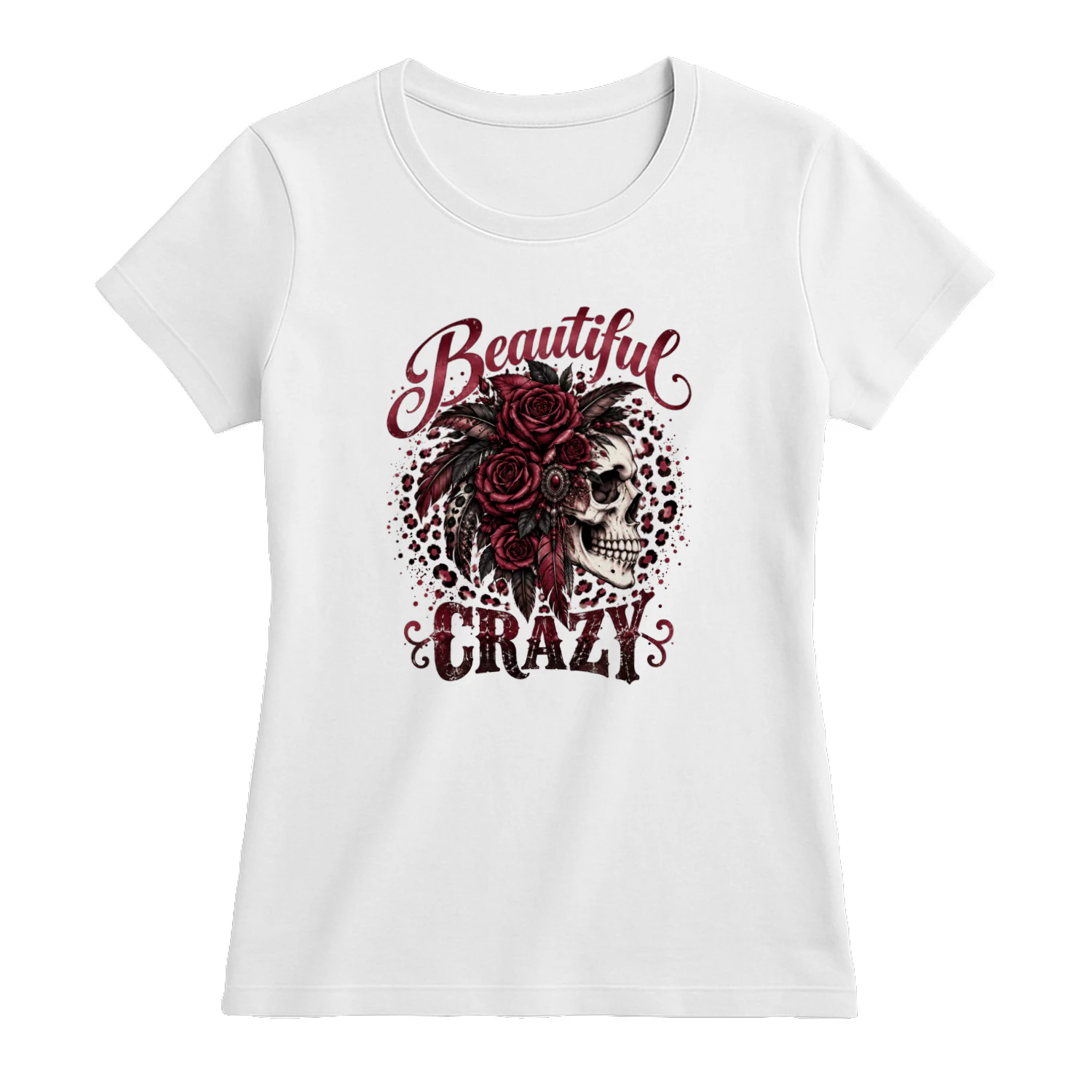 Beautiful Crazy Skull & Roses T-Shirt for Women, Gothic Boho Graphic Tee, Casual Crew Neck Short Sleeve Top, Halloween Gift