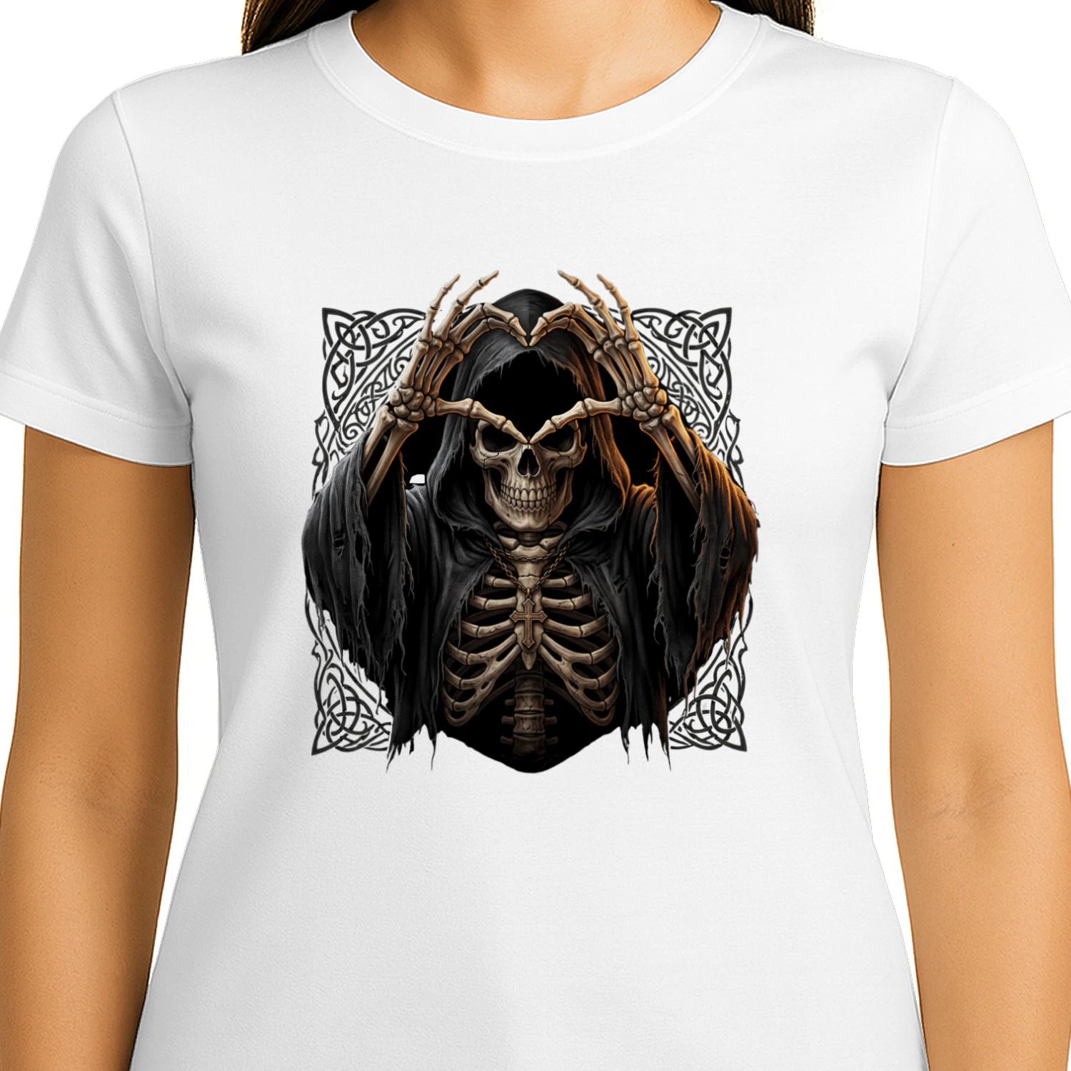 Grim Reaper Skull Heart Hands T-Shirt for Women, Gothic Punk V-Neck Graphic Tee, Dark Halloween Casual Daily Top