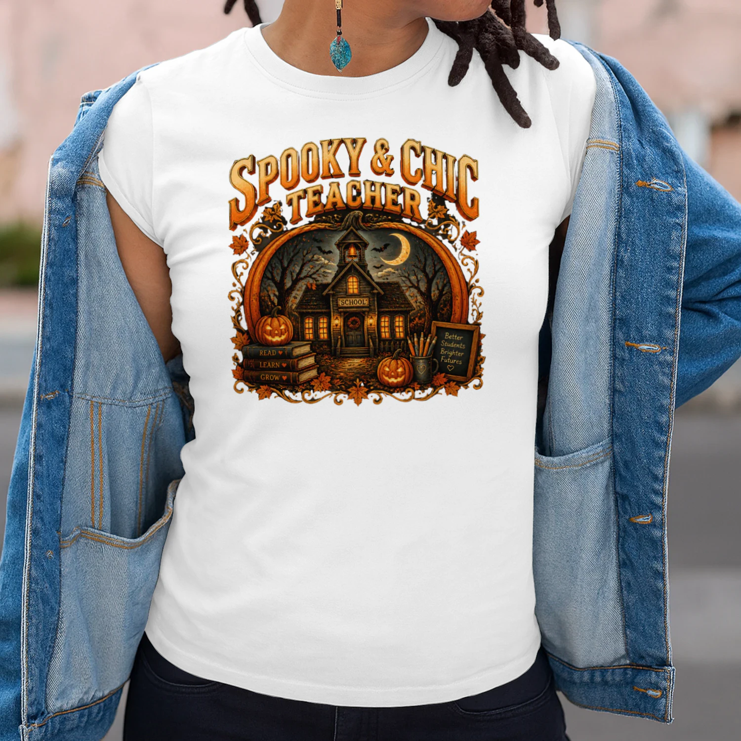 Spooky & Chic Teacher Retro T-Shirt with Fall Schoolhouse Design