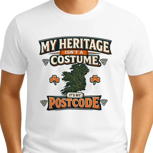 Irish Heritage T-Shirt, My Heritage Isn’t a Costume It’s My Postcode, Ireland Pride Tee