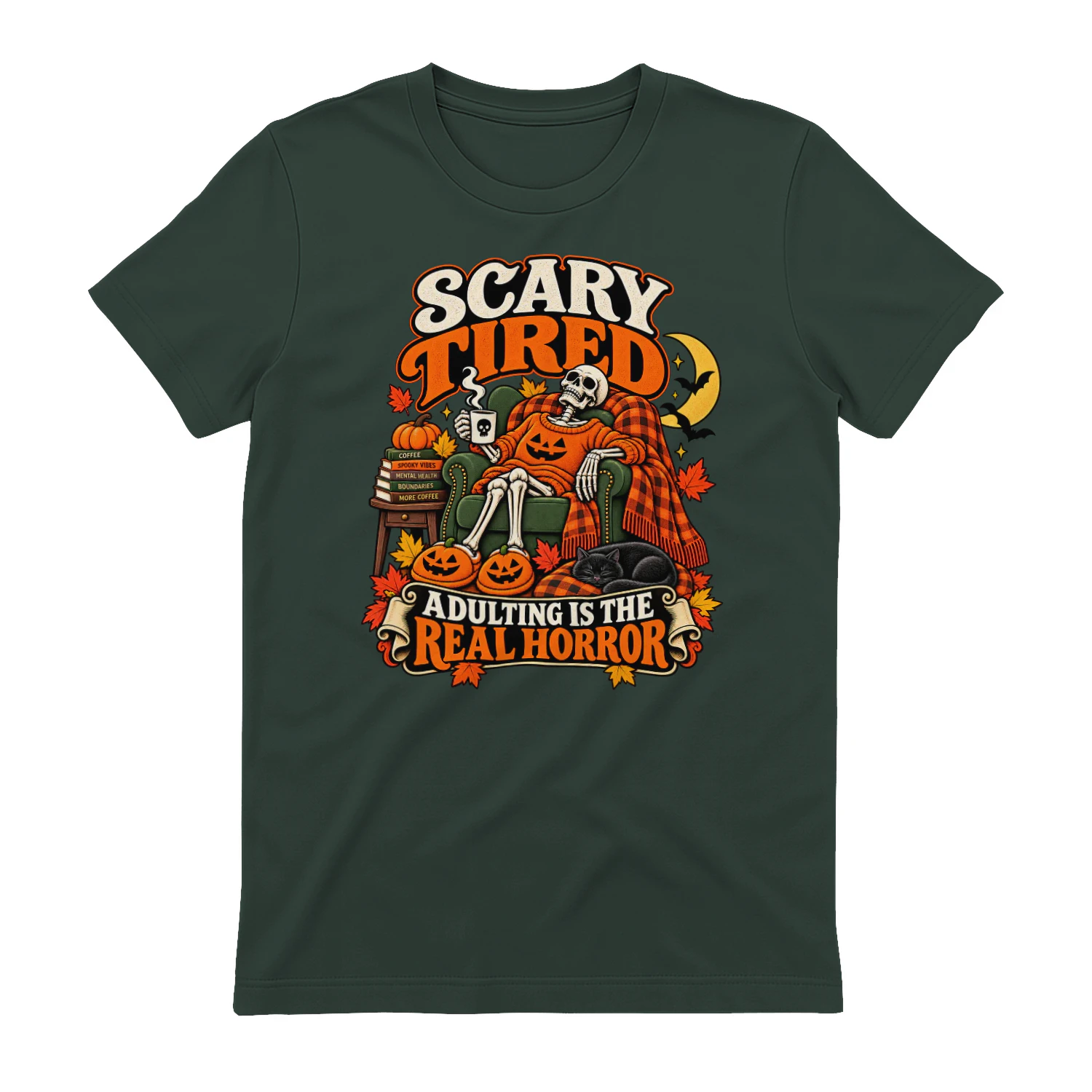 Scary Tired Skeleton T-Shirt – Adulting Is the Real Horror Funny Halloween Tee, Spooky Fall Shirt for Men & Women