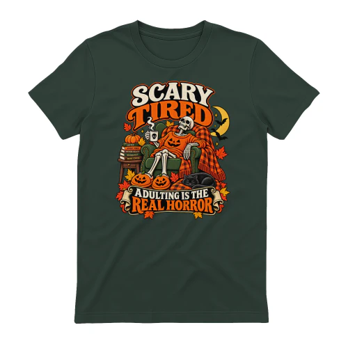 Scary Tired Skeleton Hoodie – Adulting Is the Real Horror, Funny Halloween Sweatshirt for Men & Women