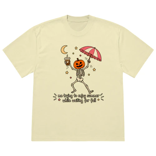 Waiting for Fall Skeleton Hoodie & T-Shirt – Funny Summer to Autumn Graphic, Spooky Pumpkin Skeleton Design