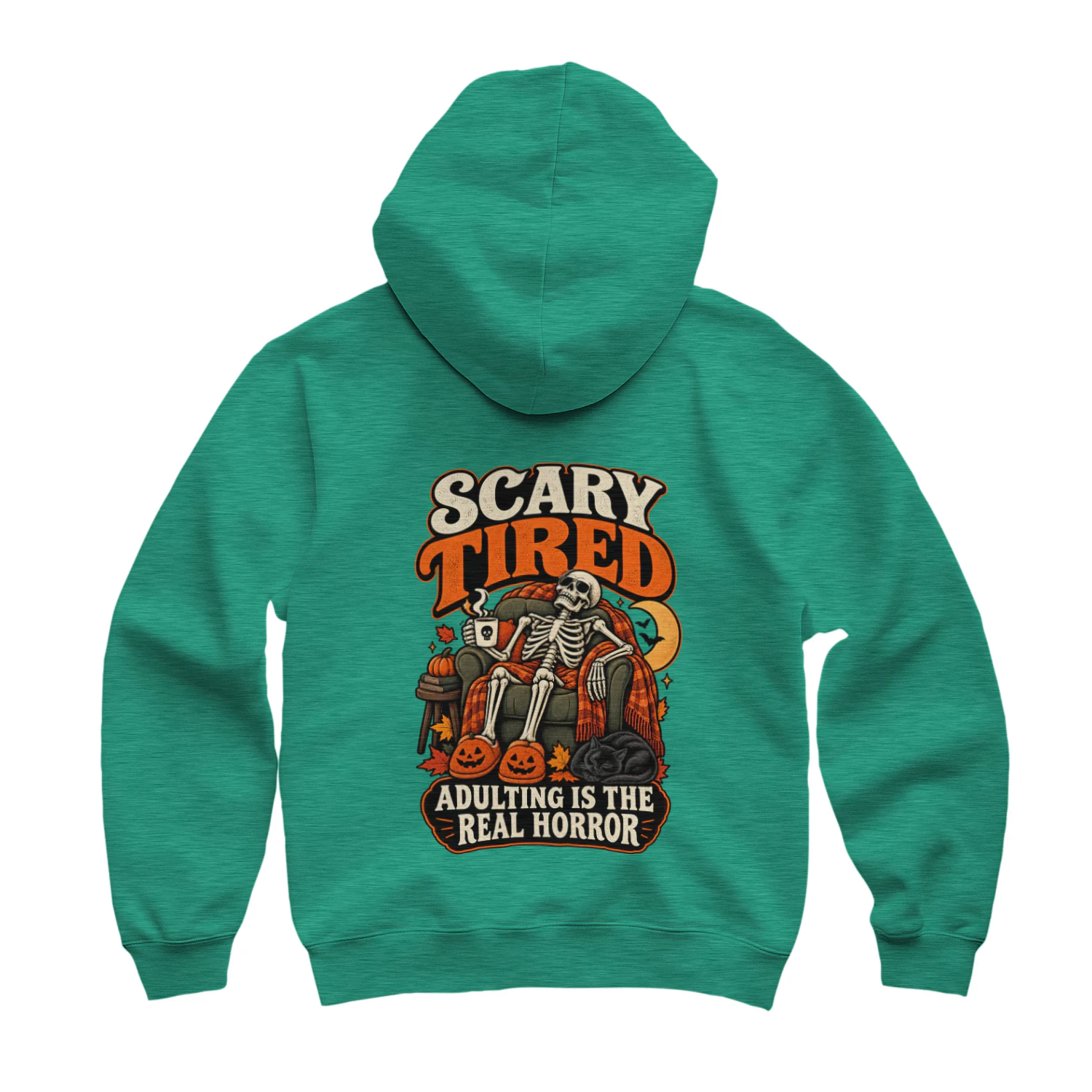 Scary Tired Skeleton Hoodie – Adulting Is the Real Horror Sweatshirt, Funny Halloween Graphic Hoodie