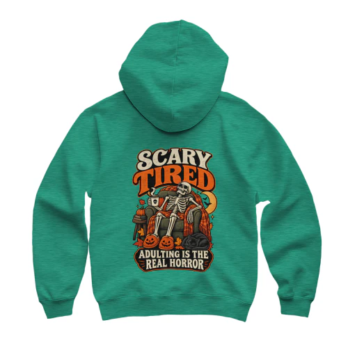 Scary Tired Skeleton Hoodie – Adulting Is the Real Horror Sweatshirt, Funny Halloween Graphic Hoodie