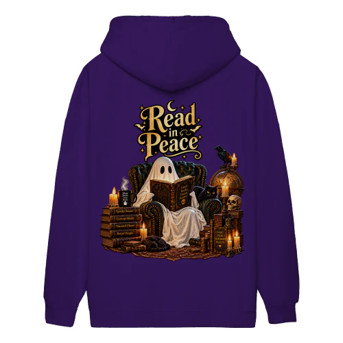 Read in Peace Ghost Hoodie & Sweatshirt – Cozy Spooky Reader Graphic, Gothic Book Lover Halloween Design