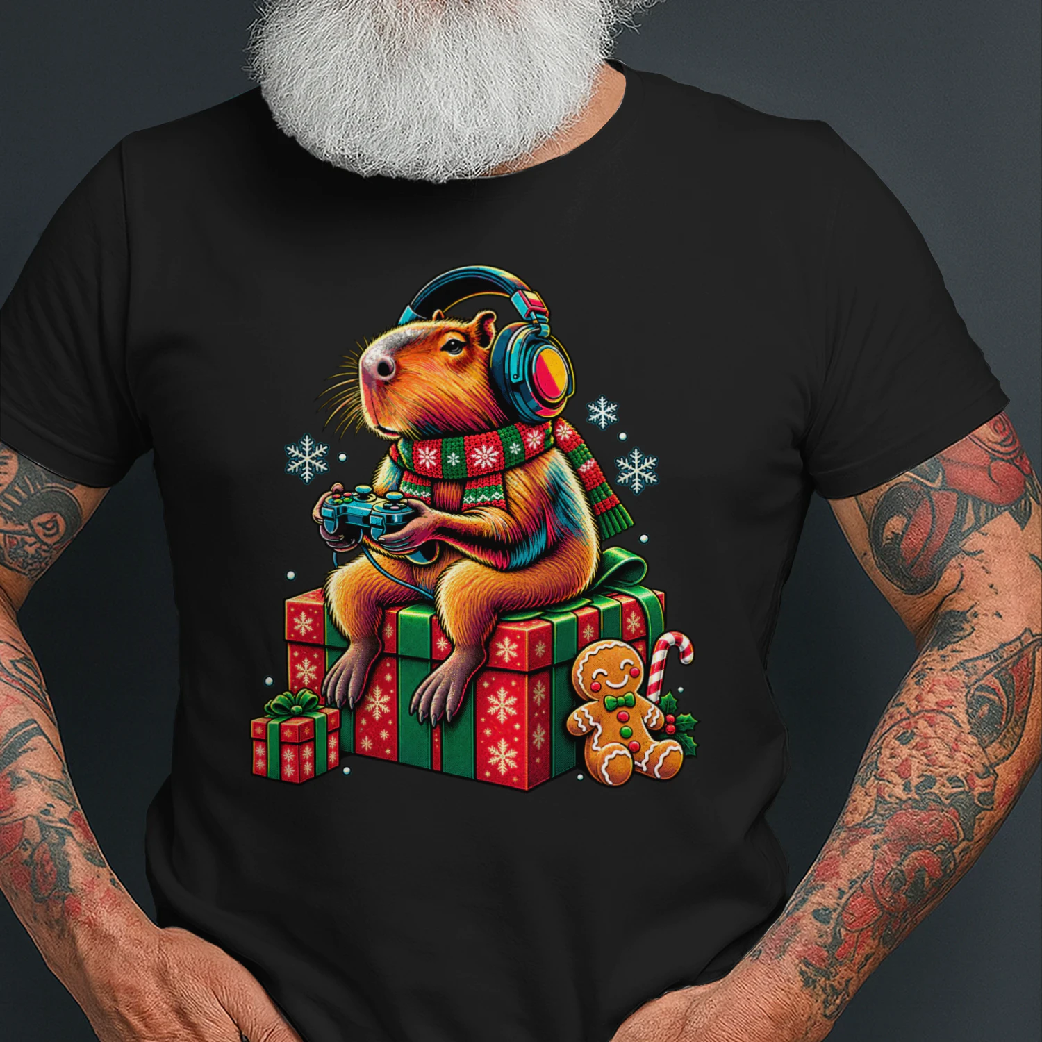 Capibara Gamer Kerst T-shirt – Gamende Capibara op een Cadeau