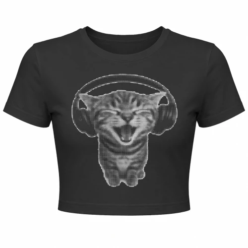 Y2K Cat With Headphones Halftone Grunge Design