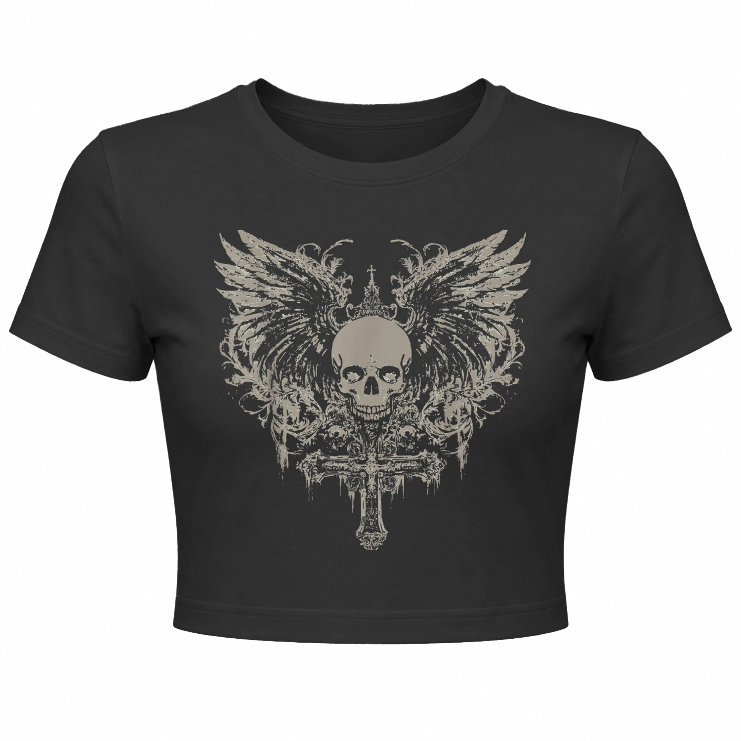 Y2K Skull Crown Wings Ornate Cross Tan Design