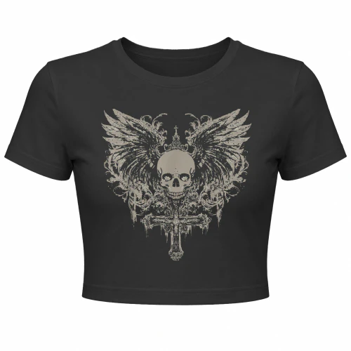 Y2K Skull Crown Wings Ornate Cross Tan Design