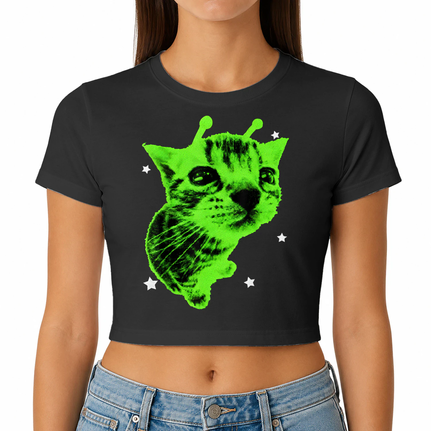 Y2K Alien Cat Halftone Green Neon Design