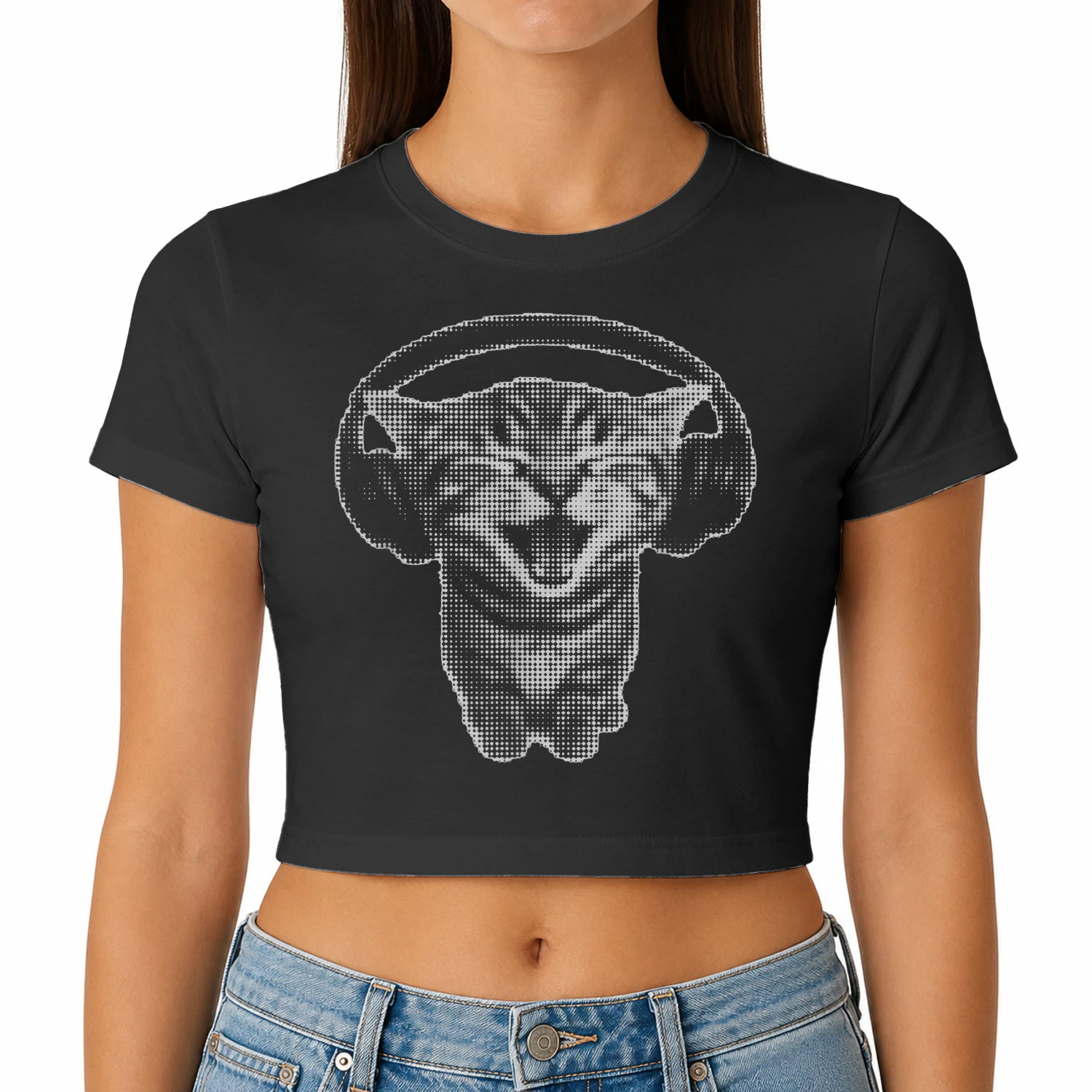 Y2K Cat With Headphones Halftone Grunge Design