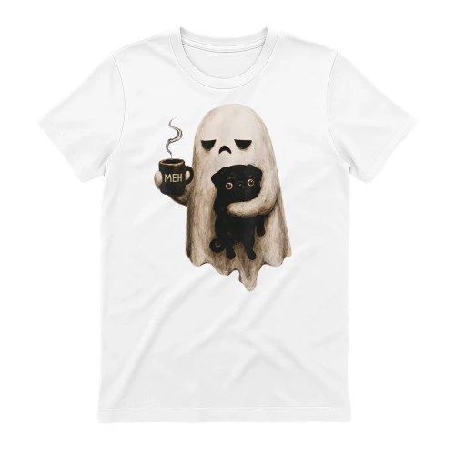 Grumpy Ghost Holding Black Pug Dog Meh Coffee Cup