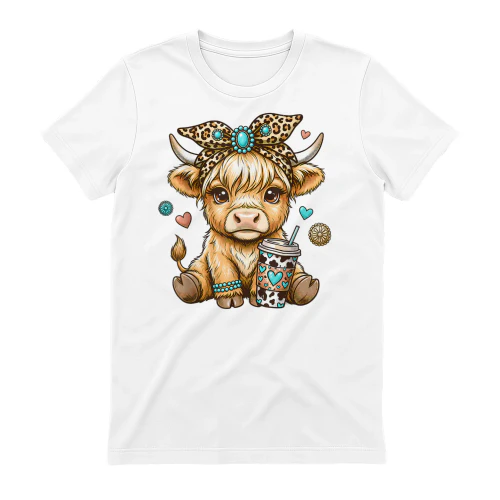 Cute Highland Cow Drink Coffee Leopard Bow