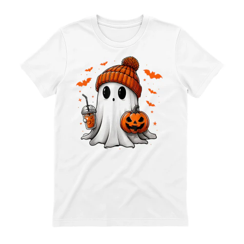 Cute Ghost Drinking Ice Coffee Halloween Pumpkin