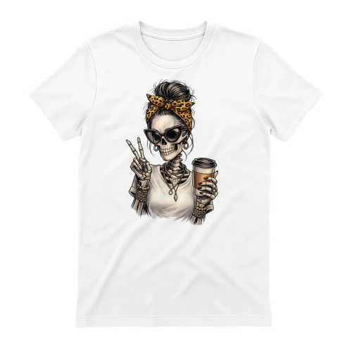 Skeleton Girl Drinking Coffee Peace Sign Graphic
