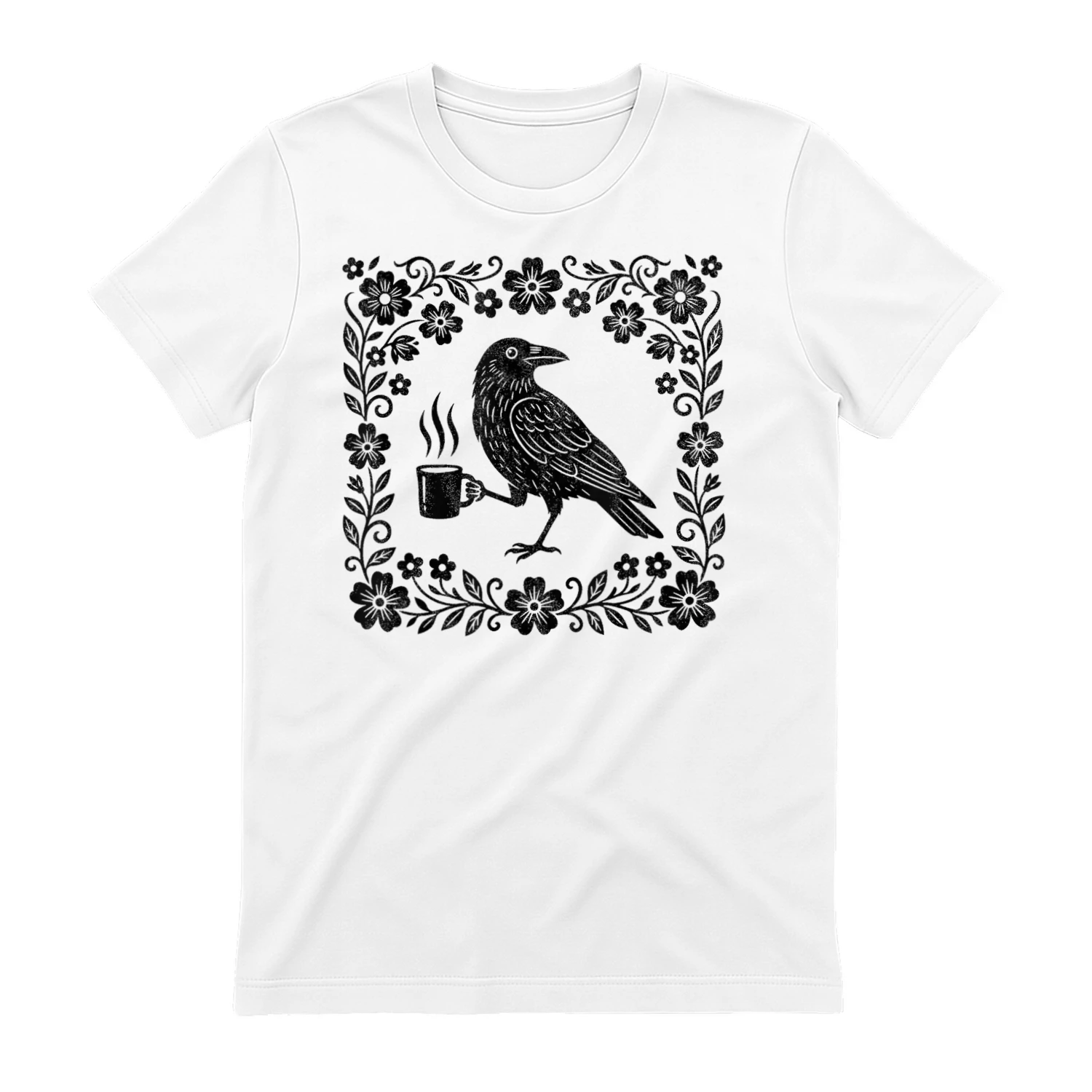 Raven Crow with Coffee Cup Flower Frame Vintage