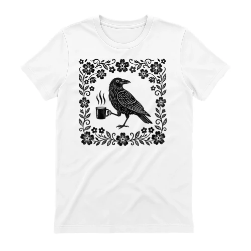 Raven Crow with Coffee Cup Flower Frame Vintage