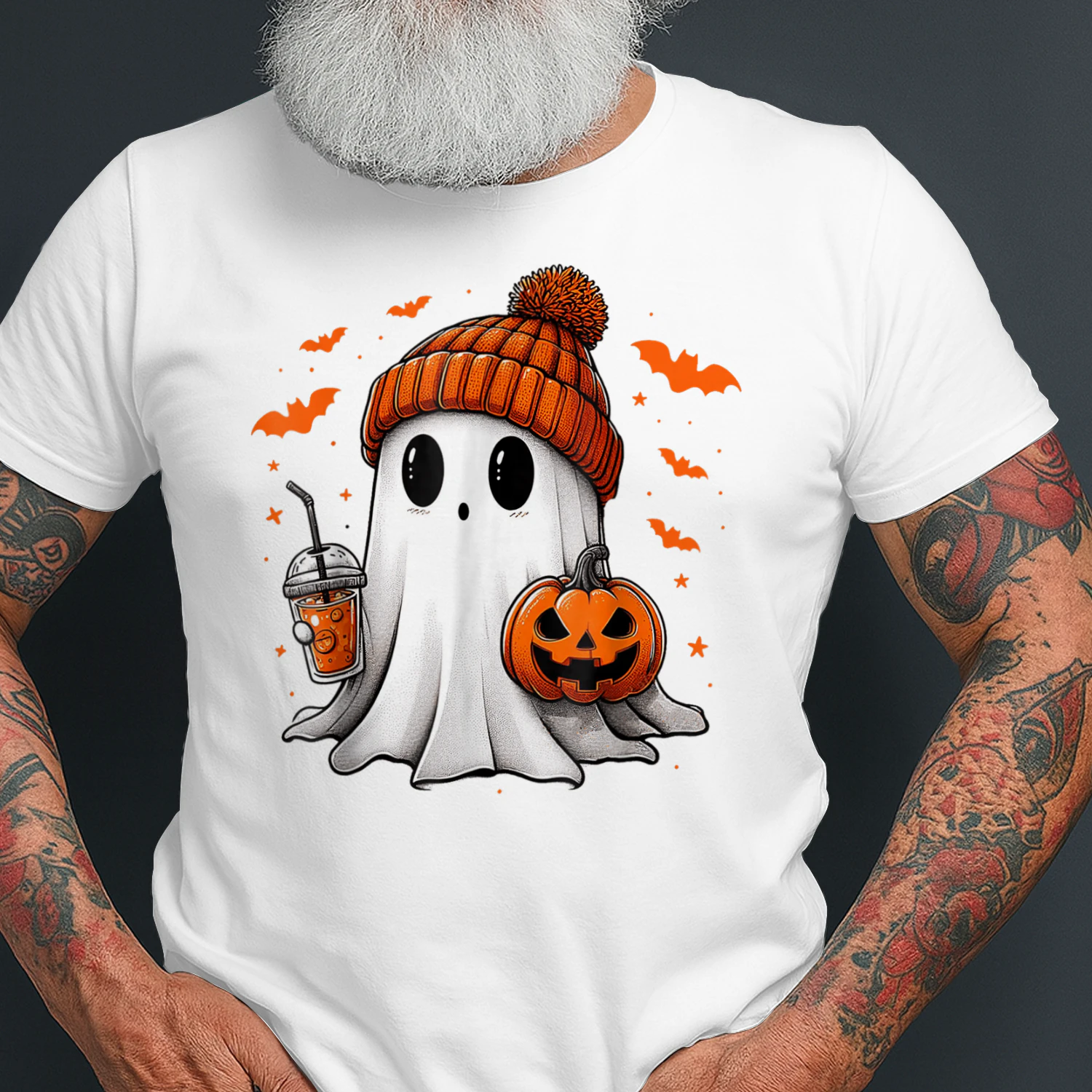 Cute Ghost Drinking Ice Coffee Halloween Pumpkin