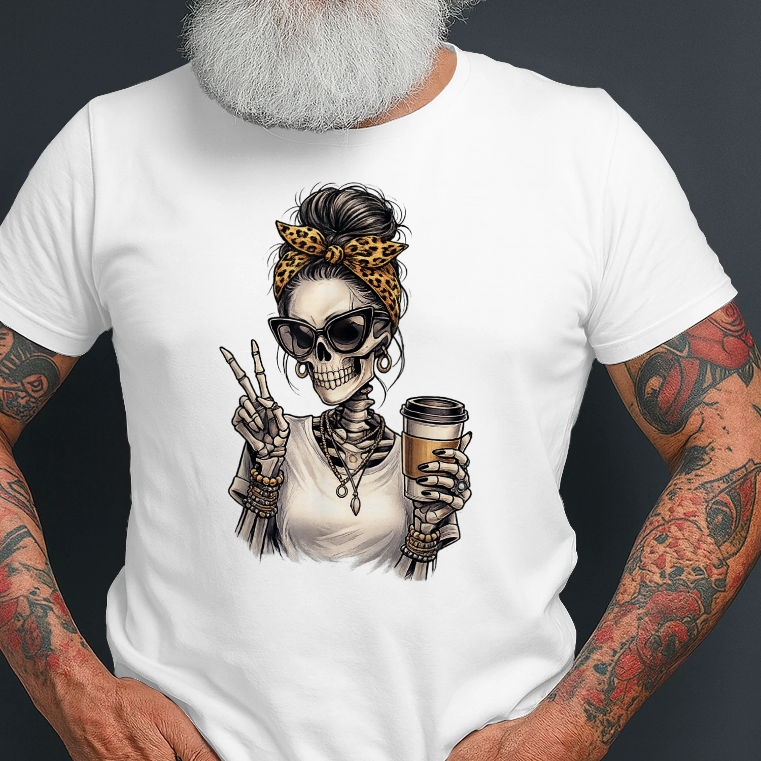 Skeleton Girl Drinking Coffee Peace Sign Graphic