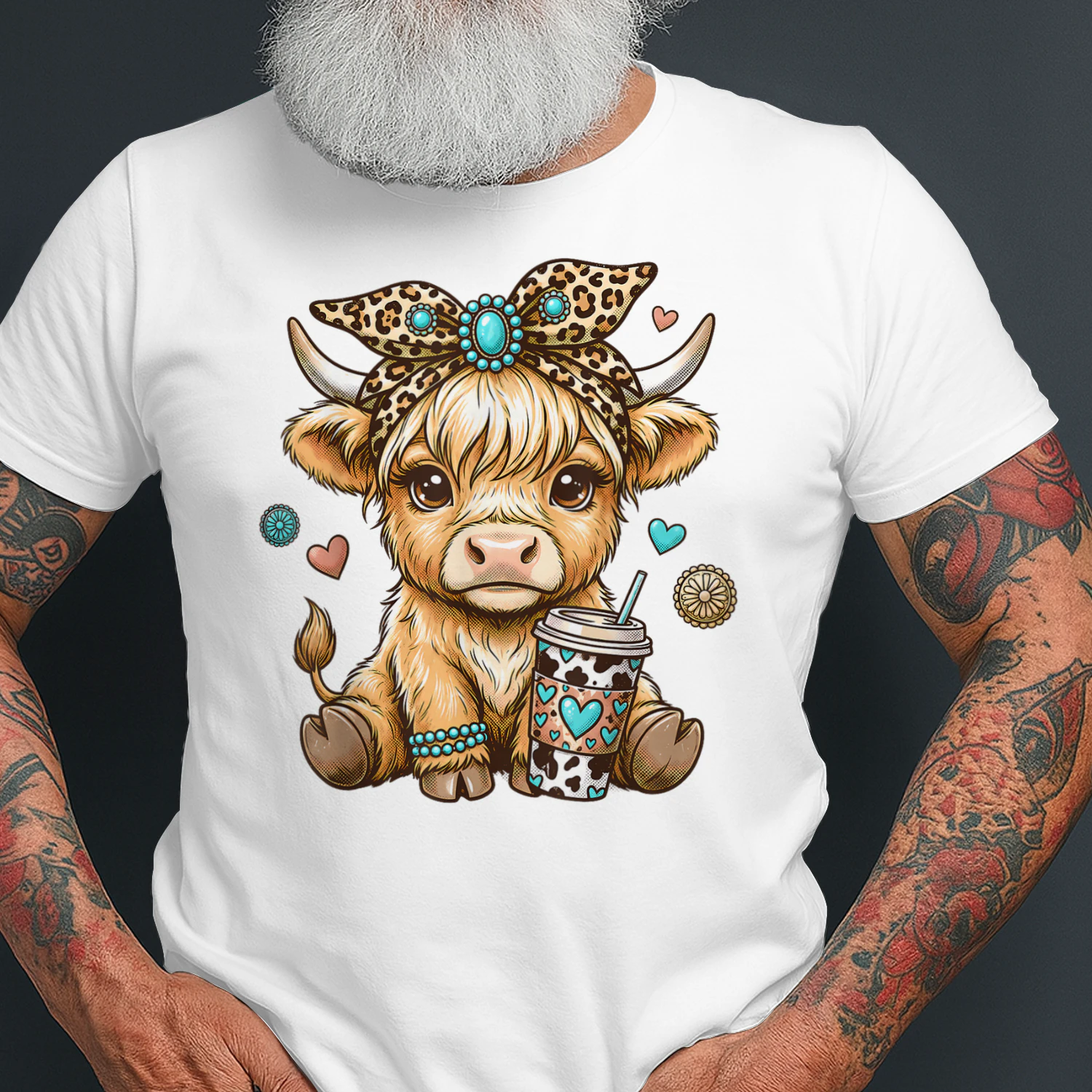 Cute Highland Cow Drink Coffee Leopard Bow