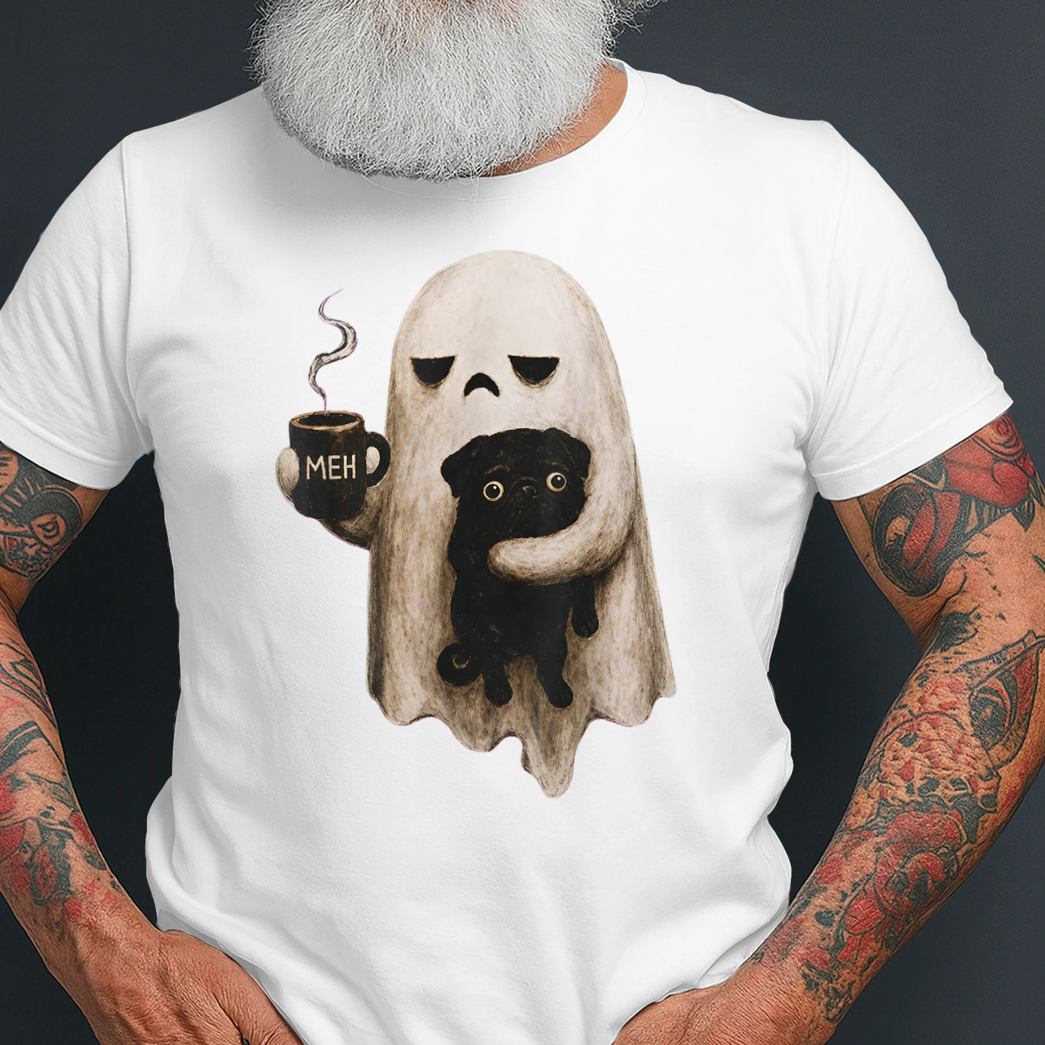 Grumpy Ghost Holding Black Pug Dog Meh Coffee Cup