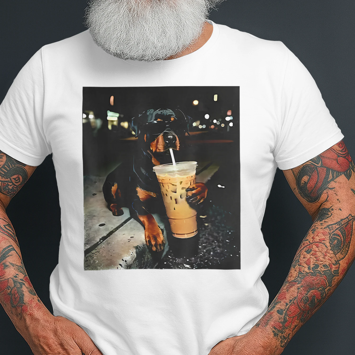 Rottweiler Drinking iced Coffee