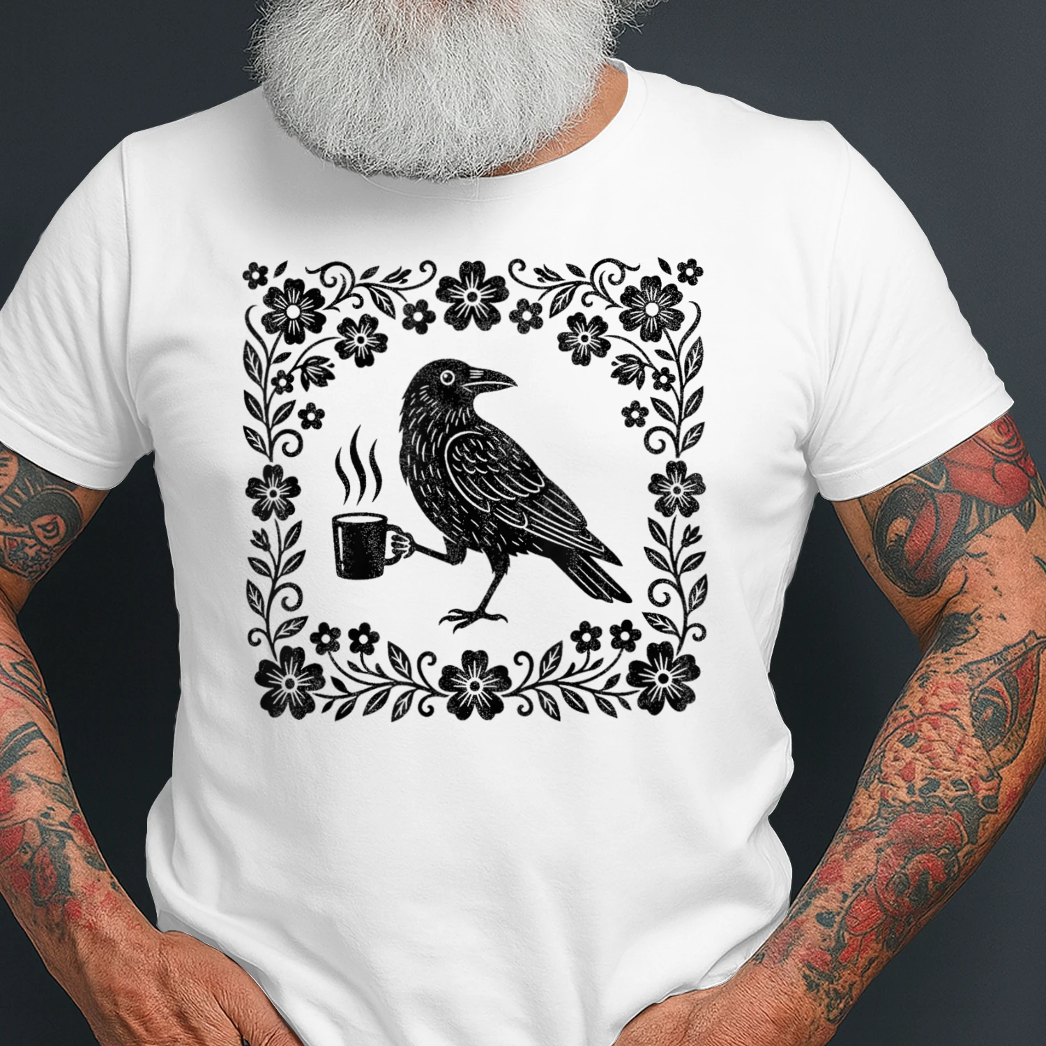 Raven Crow with Coffee Cup Flower Frame Vintage