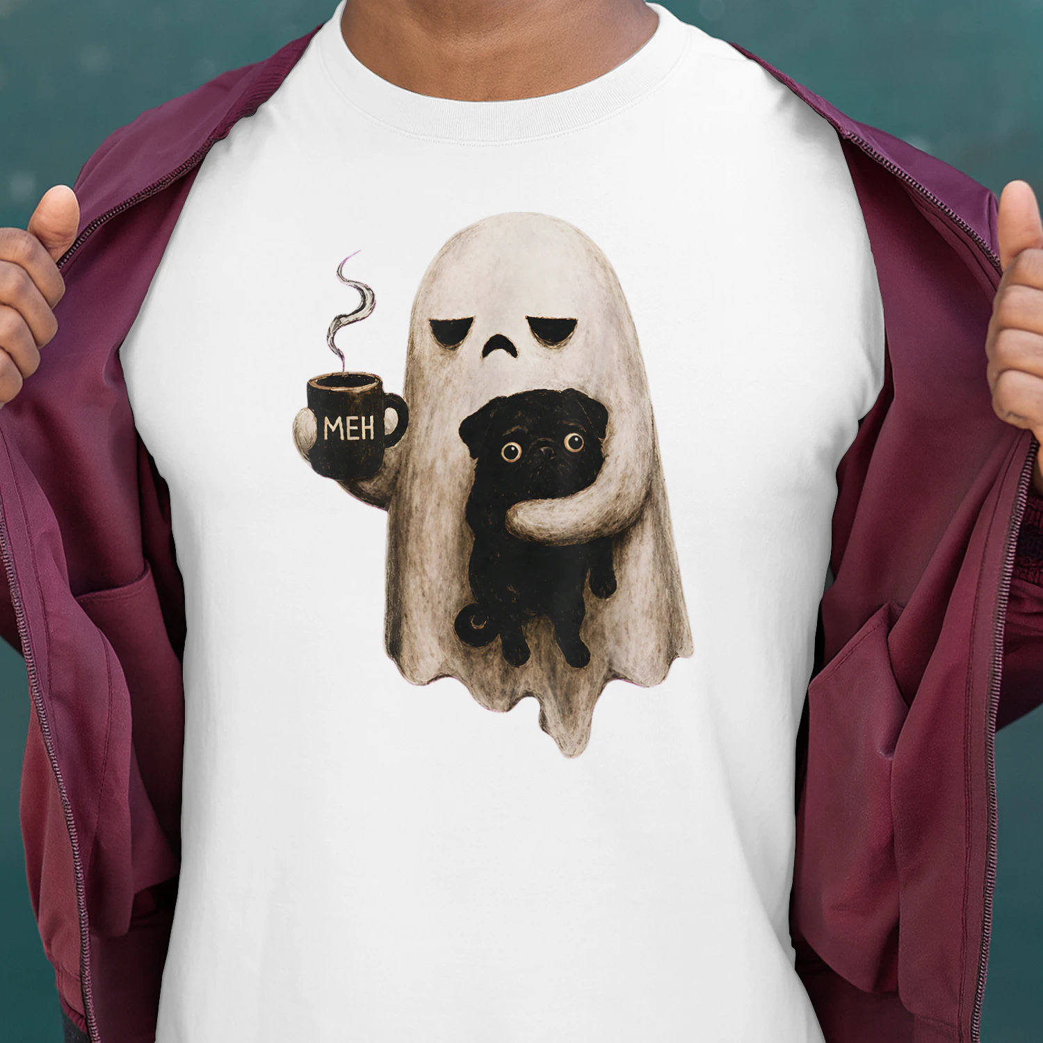 Grumpy Ghost Holding Black Pug Dog Meh Coffee Cup