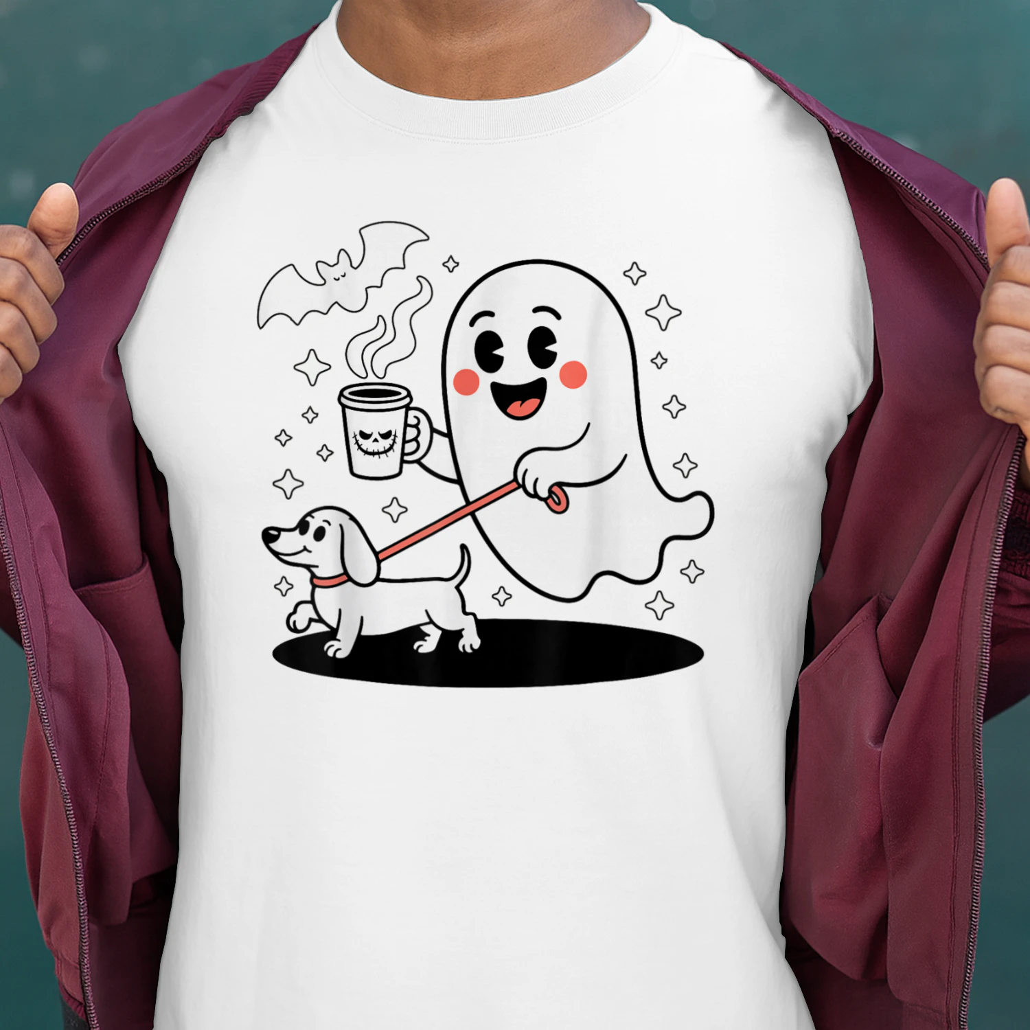 Coffee Lover Cute Ghost Walking Dachshund Coffee Cup Halloween Spooky Season