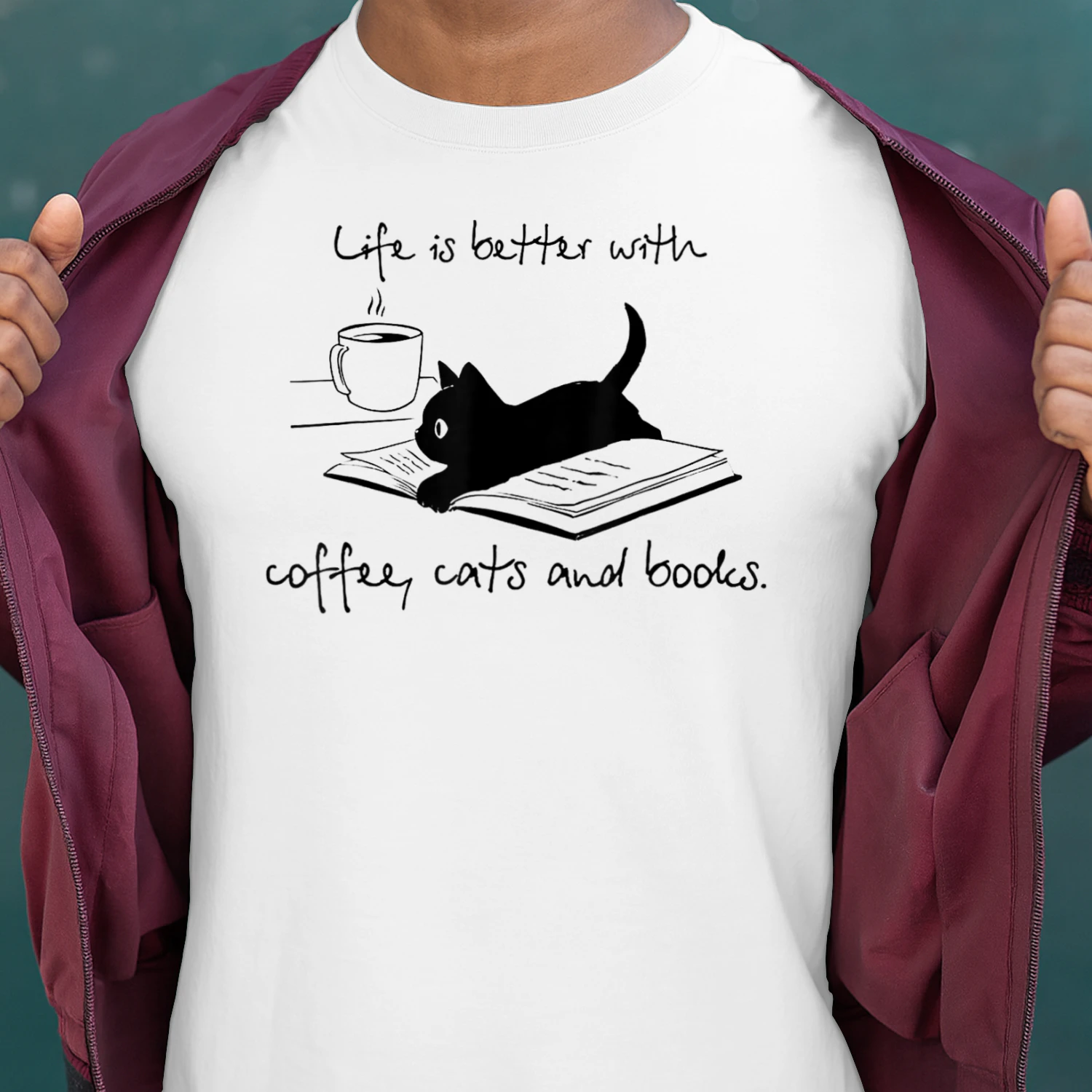 Coffee Lover Life Is Better With Books Cats and Coffee Black Cat Reading Sketch