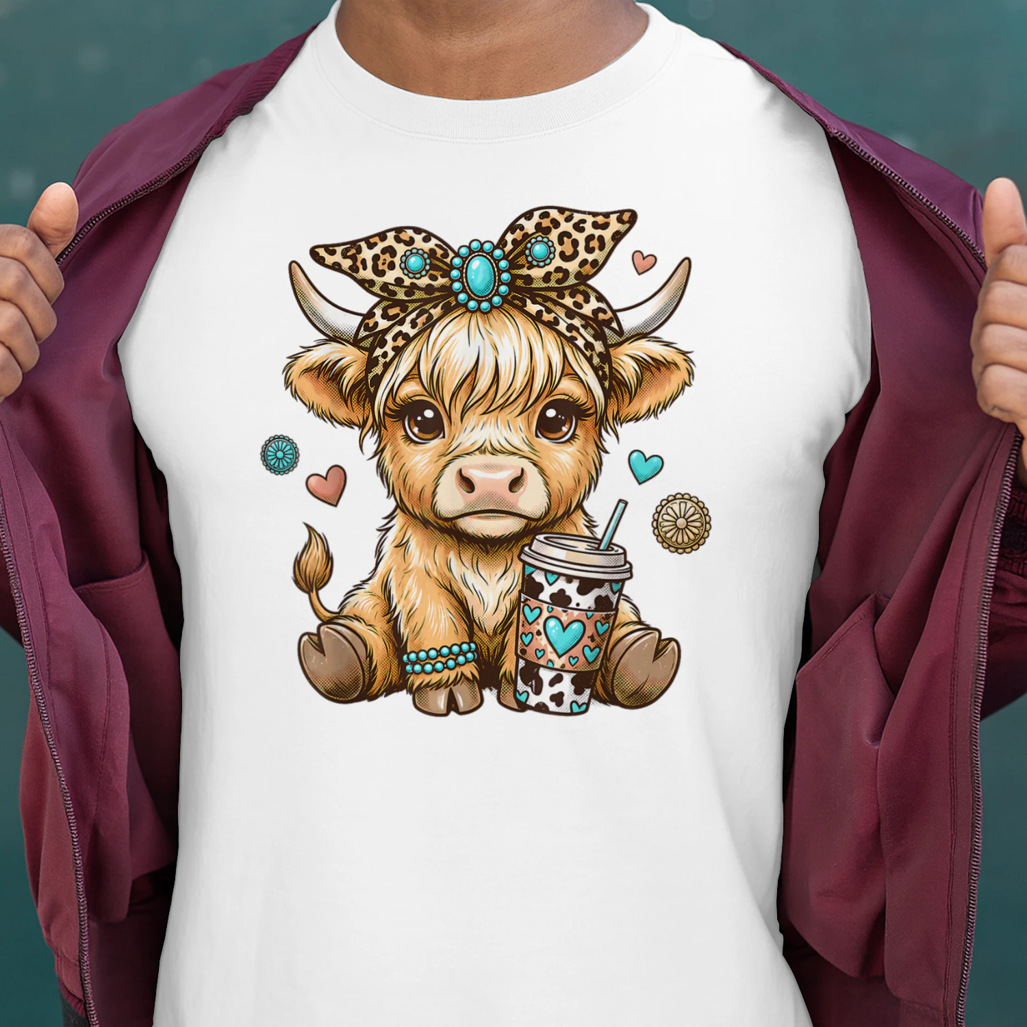 Cute Highland Cow Drink Coffee Leopard Bow